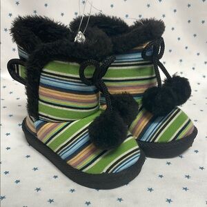 Striped Fuzzy Pom-Pom Boots